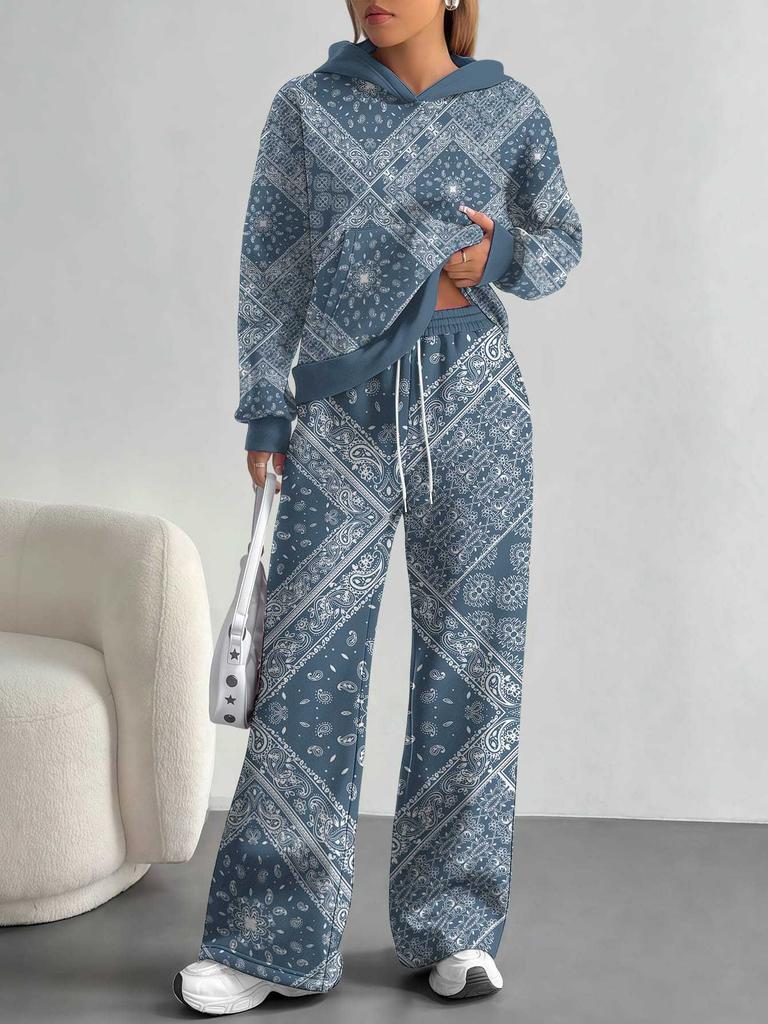 Retro Pattern European And American Autumn And Winter Casual Long-Sleeved Suit Women'S Hooded Sweater Trousers Two-Piece Set