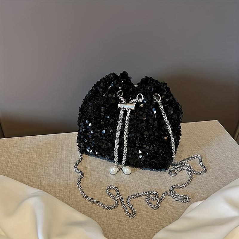 Versatile And Trendy Sequin Bucket Bag With A Touch Of Sophistication, Featuring A Versatile Chain Strap For Shoulder Or Crossbody Wear.