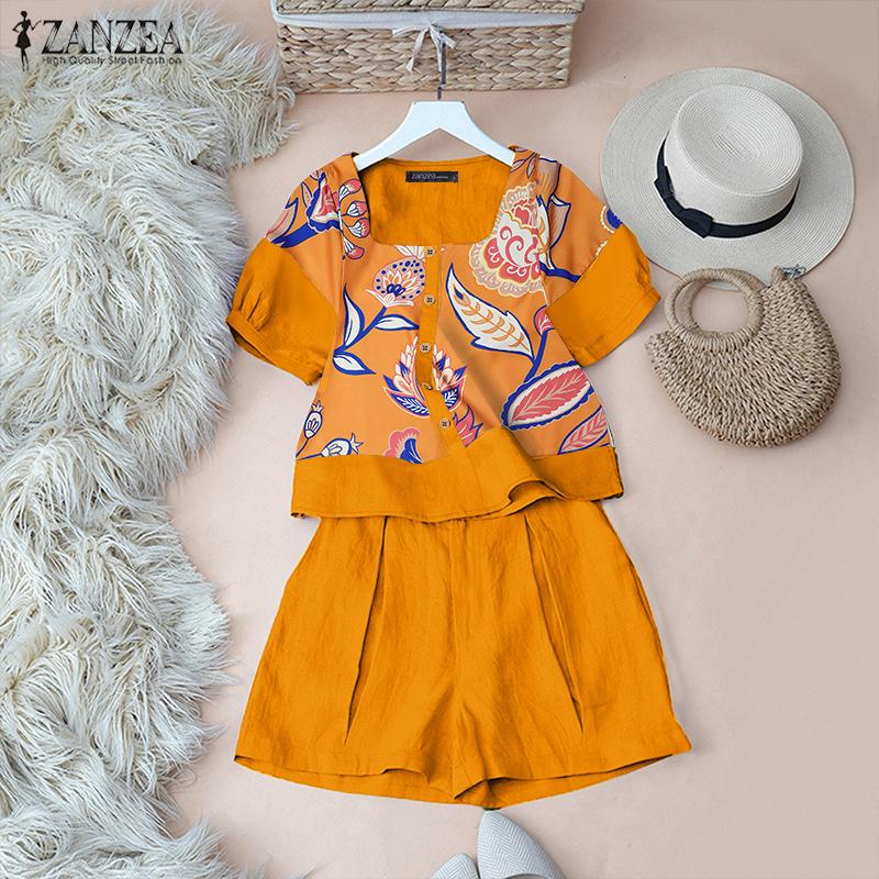 ZANZEA Womens Print T-shirt and Shorts Summer Two Piece Sets