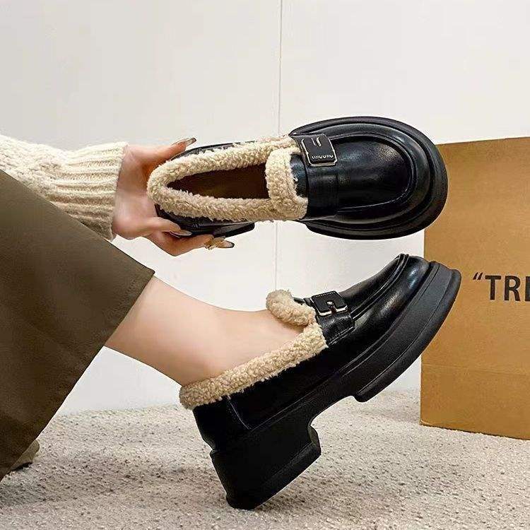 Fleece Platform Small Leather Shoes Women's 2025 New Autumn and Winter Cotton Warm Loafers Retro Versatile British Cotton Shoes