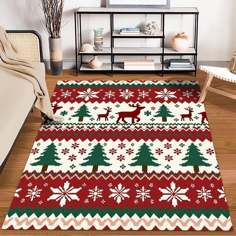 Festive Reindeer and Snowflake Pattern Rug Non-slip rug suitable for living room and bedroom sofas