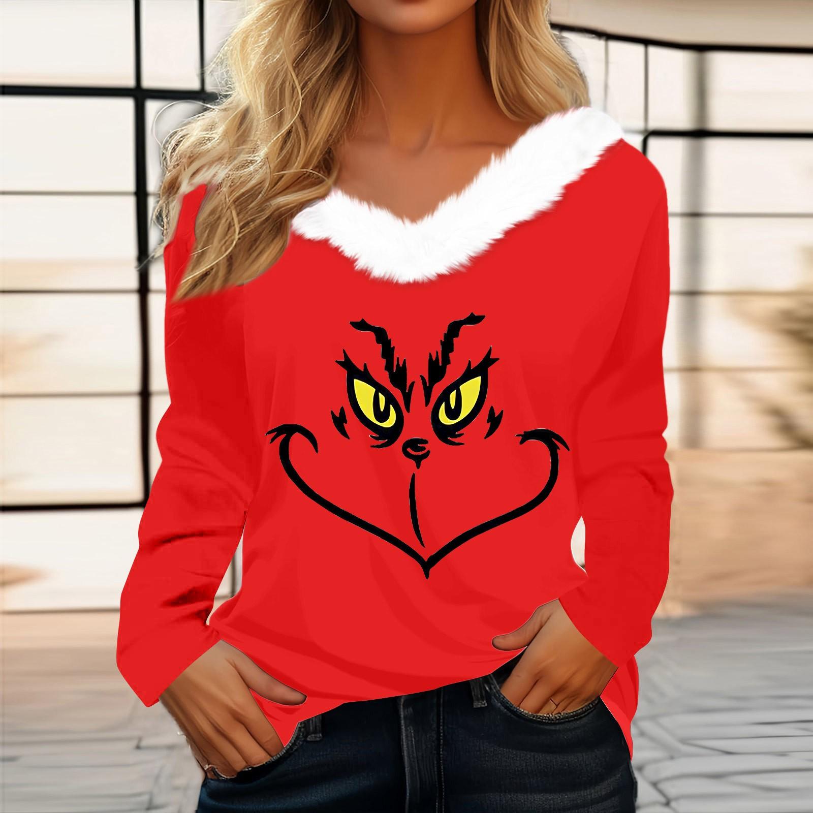 

Женская футболка, рождественская рубашка с длинным рукавом, вечерние, рождественский флисовый воротник, топ с v-образным вырезом L