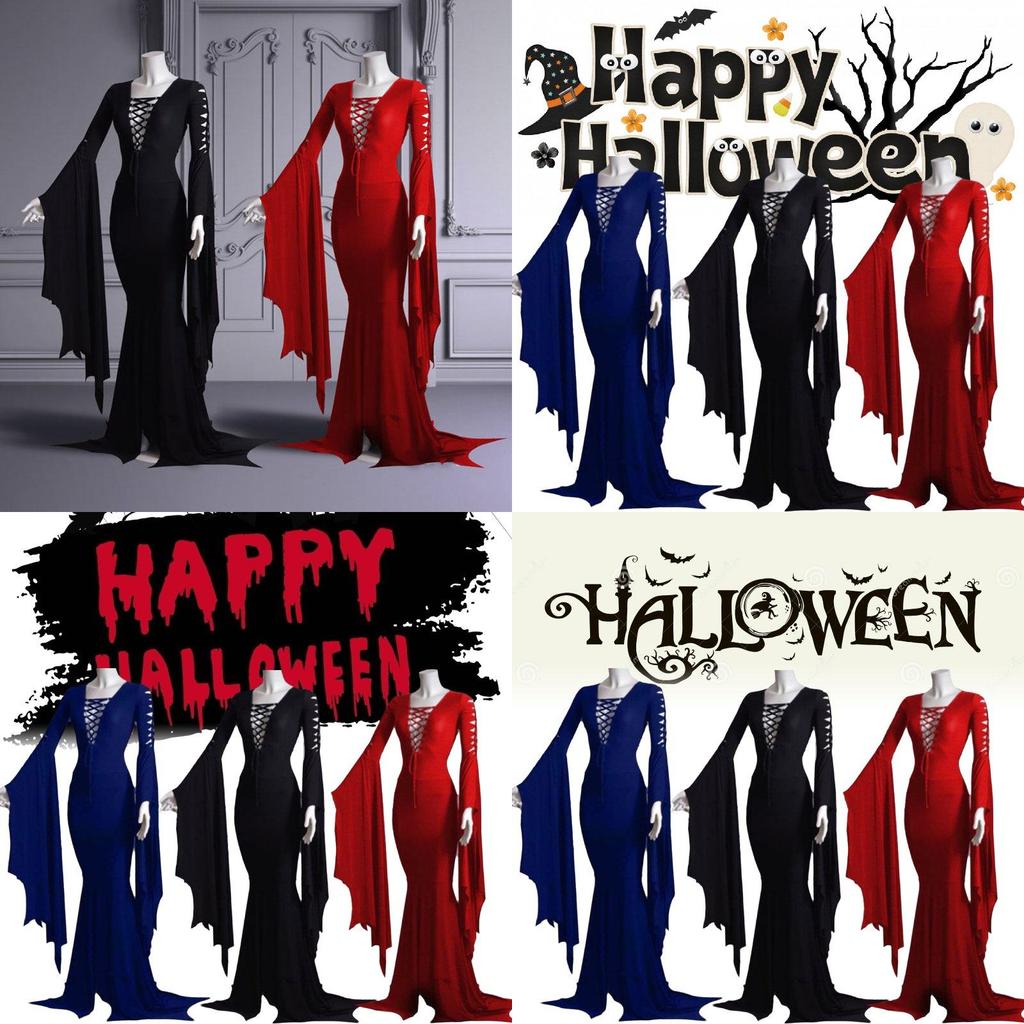Trendy New Halloween Sexy V Neck Dress With Flare Sleeves Available In Red Black And Blue Sizes S To 5xl For A Chic Retro Look