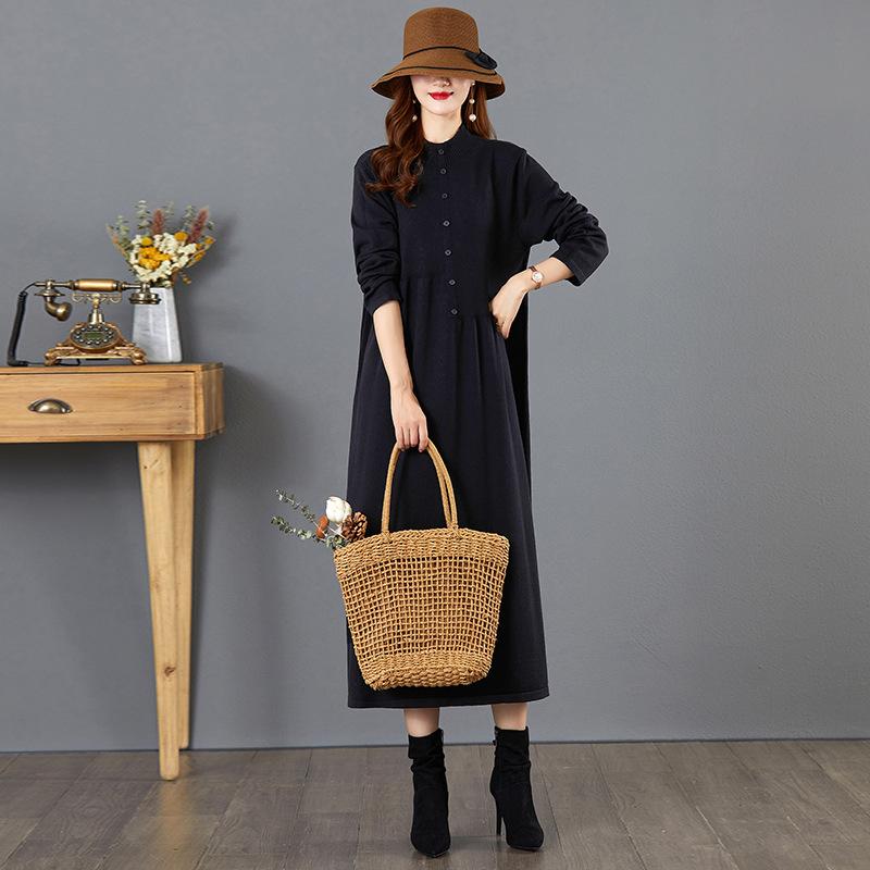 

Осеннее базовое платье женское осенне-зимнее с пальто длинный ленивый ветер вязаный свитер однотонный большого размера свитер юбка average size 110-85 kg чёрный