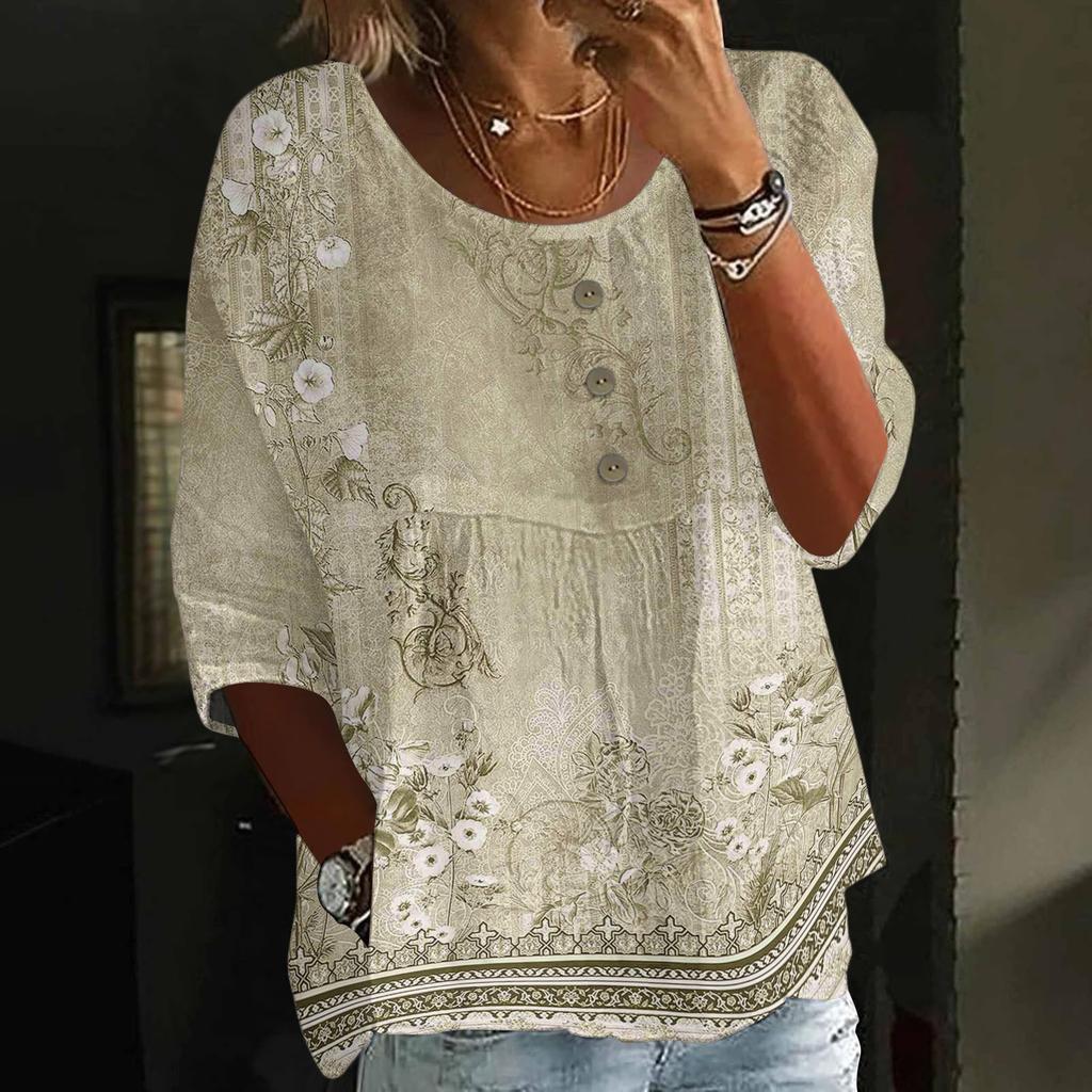 Women's Casual Fashion Three-quarter Sleeve Loose Round Neck Button Retro Print Top
