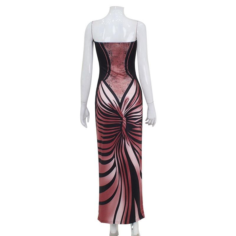 Women's Summer Fashion Sexy Split Print Strapless Spice Girl Slim Dress