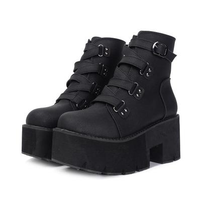 Spring Autumn Ankle Boots Women Platform Boots Rubber Sole Buckle Black Leather PU High Heels Shoes
