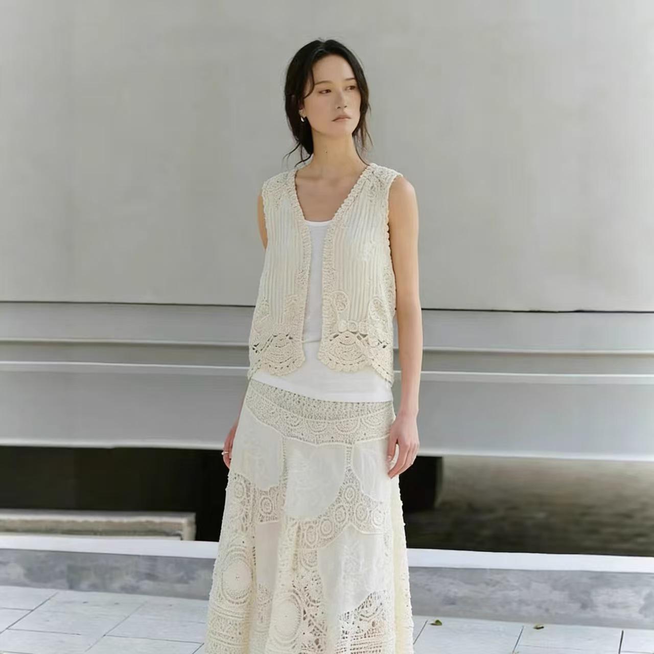 

Korean Crochet Embroidery Vest & A-line Over-the-Knee Dress Set for Women One Size