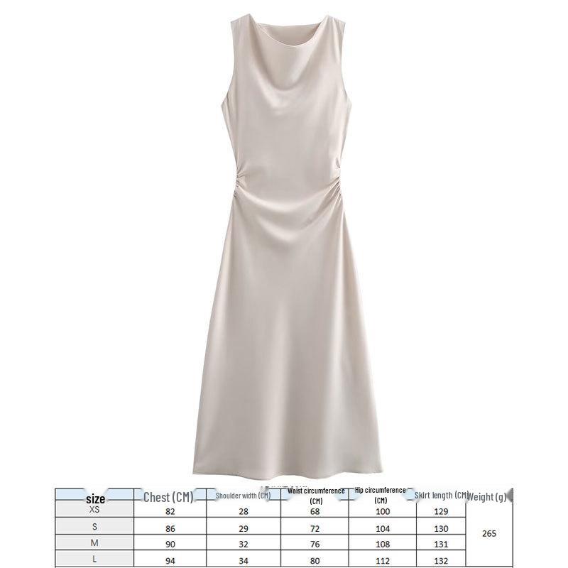 2024 European and American Fashion Black Silk Satin Midi Dress - Round Neck Sleeveless Design