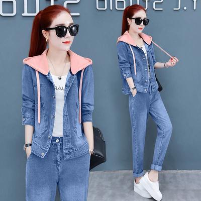 Modischer 2-teiliger Denim-Anzug mit Kapuze für Damen, Frühling und Herbst, lässig, langärmelig, Jeansjacke + Jeans mit elastischer Taille, modischer Anzug