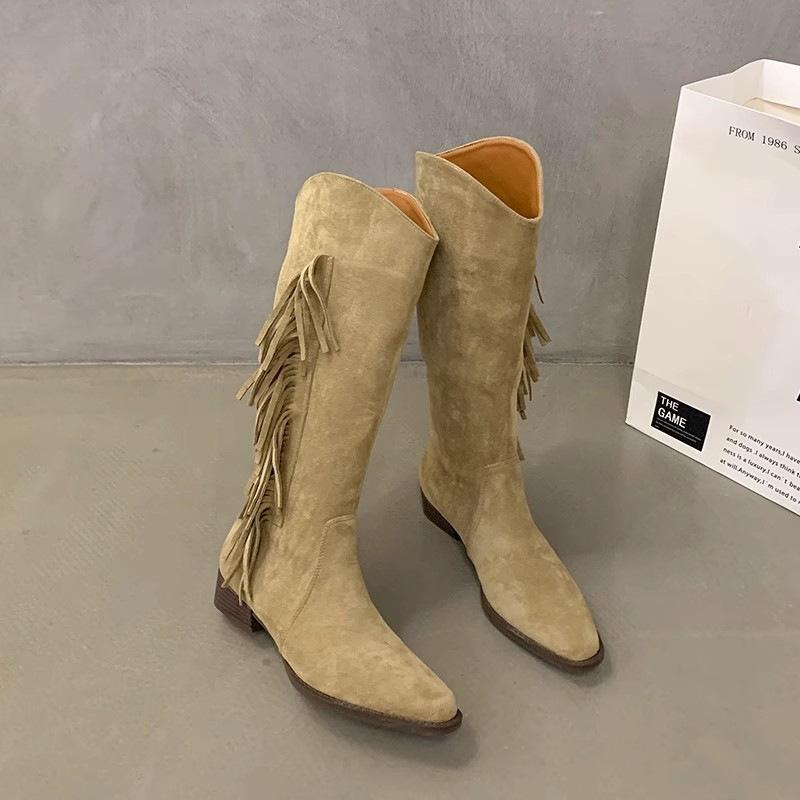 

Высокие сапоги-бочонки с кисточками Frosted 2024, женские сапоги Chelsea в стиле вестерн, большие размеры 35-42, Zapatos Mujer 35 хаки