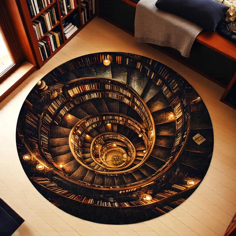 Printed Faux 3D Illusion Black Cat Round Rug Printed Book Library Black Cat Hole Carpet Floor Mat for Book Lovers and Cat Fans 80x80cm