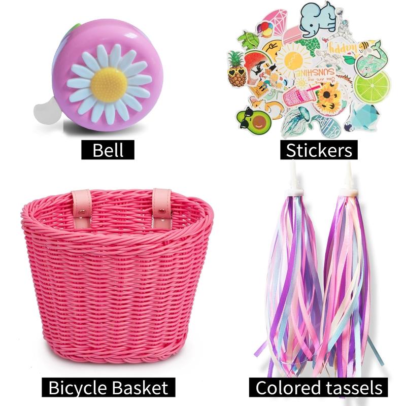 Kids Bike for Banner Set, Bicycle Handlebar Wicker Basket with Colors and Bike Bells and Decals, Boys Girls Bike Decorat