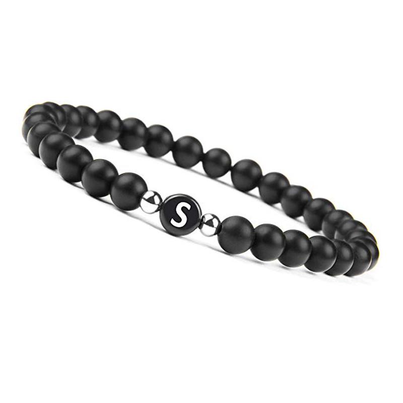 6mm Black Frosted Agate Stone Beaded 26 Letters Bracelet Valentine's Day Gift
