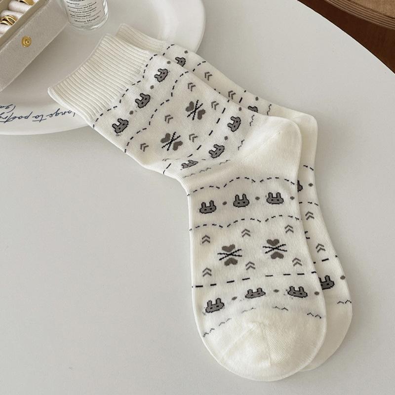 Cartoon Puppy Embroidery Cute Socks Women Autumn and Winter Middle Tube Socks Korean Striped Cotton Knitted Elastic Long Socks