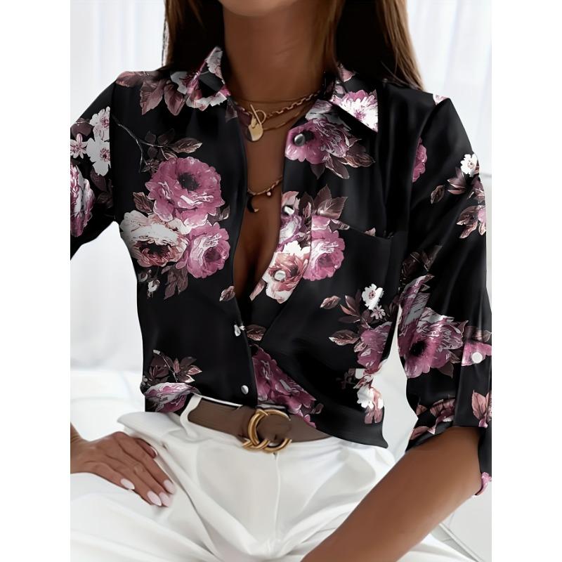 Fashion Women's Chain Flower Printed Shirt Women's Long Sleeve Tops Cotton Office Spring and Autumn Casual Loose Tops