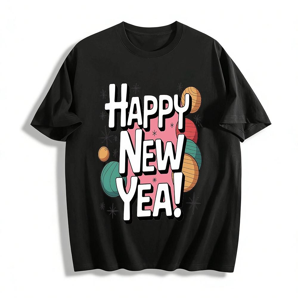 

Retro Fun Happy New Year Graphic Print Casual Top Pure cotton T-shirt XXS