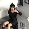 Lace splicing dark bubble sleeves Hepburn small black dress women's autumn new gentle light luxury design dress
