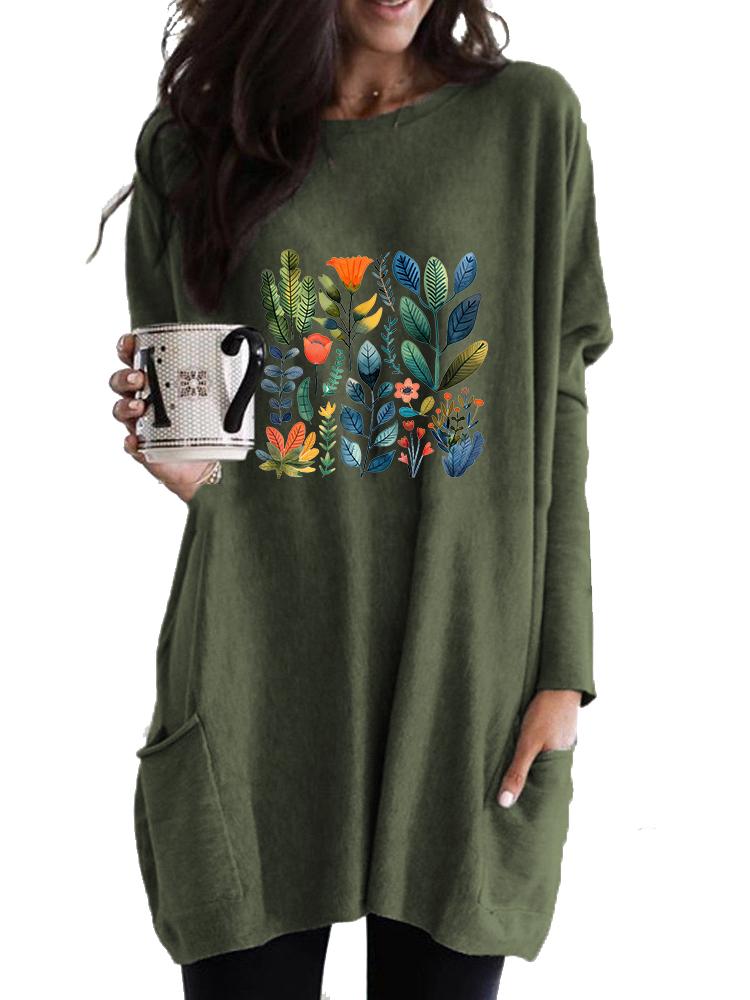 Ladies Sweatshirt Women's Long Tunic with Pockets Loose Fit Fashion Printed Logn Sleeve Top