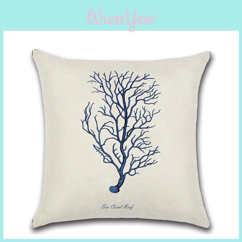 Premium Quality Flax Throw Pillow Case With Marine Organism Patterns For Home Decor