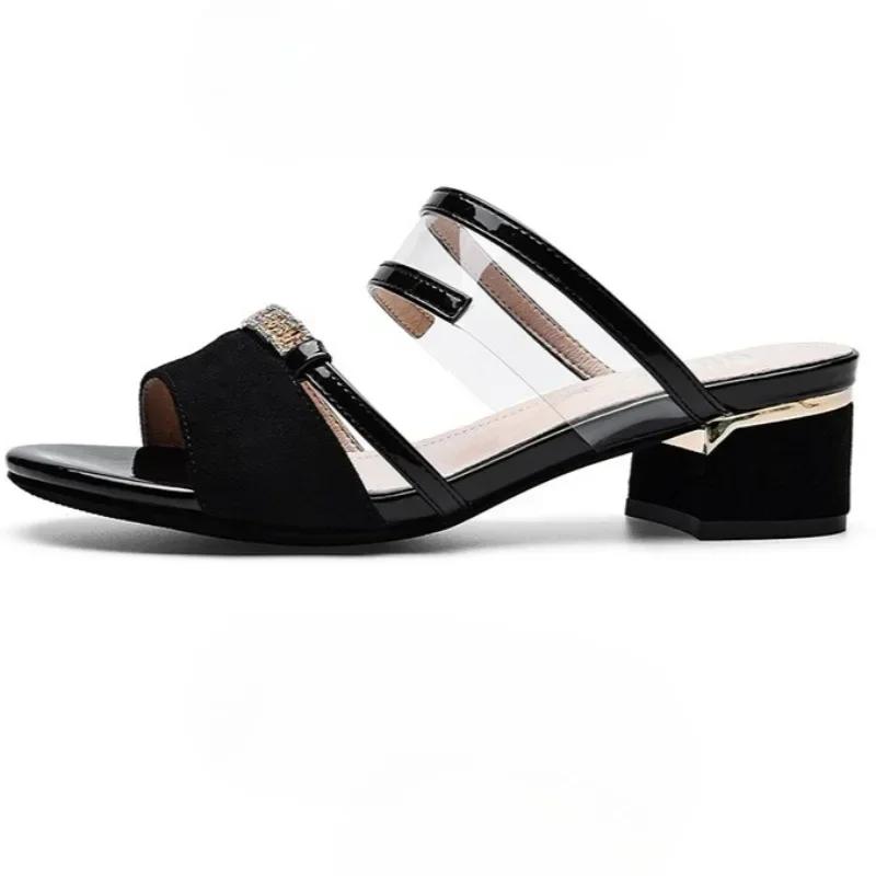 Ladies Shoes 2025 Summer Modern Slippers Women Outdoor Fashion Metal Decoration Med Heel Women's Elegant Open Toe Dress Sandals