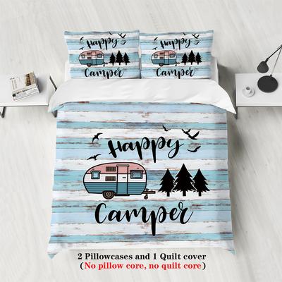 3pcs Happy Camper Pattern Printed Bedding Set, Suitable For Teenagers And Adult's Bedroom, Camping, 1*Duvet Cover+2*Pillowcase