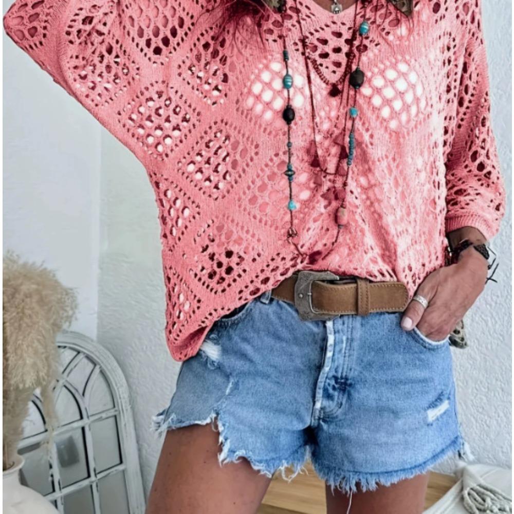 Women Spring Summer V-neck Diamond Hollow Out Batwing Sleeve Knit Sweater Loose Cover Up Blouse