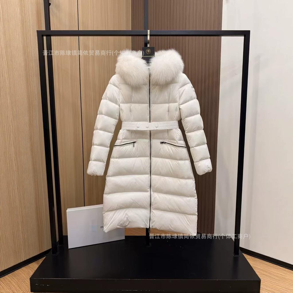 Standard autumn and winter Boedic waist big fur collar hooded long slim down jacket women's coat