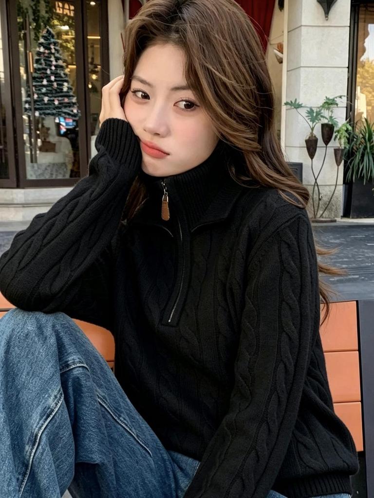 Women's 100% Pure Wool High Neck Half-Zip Cable Knit Sweater - Commuter Style, Loose Fit, Warm Top