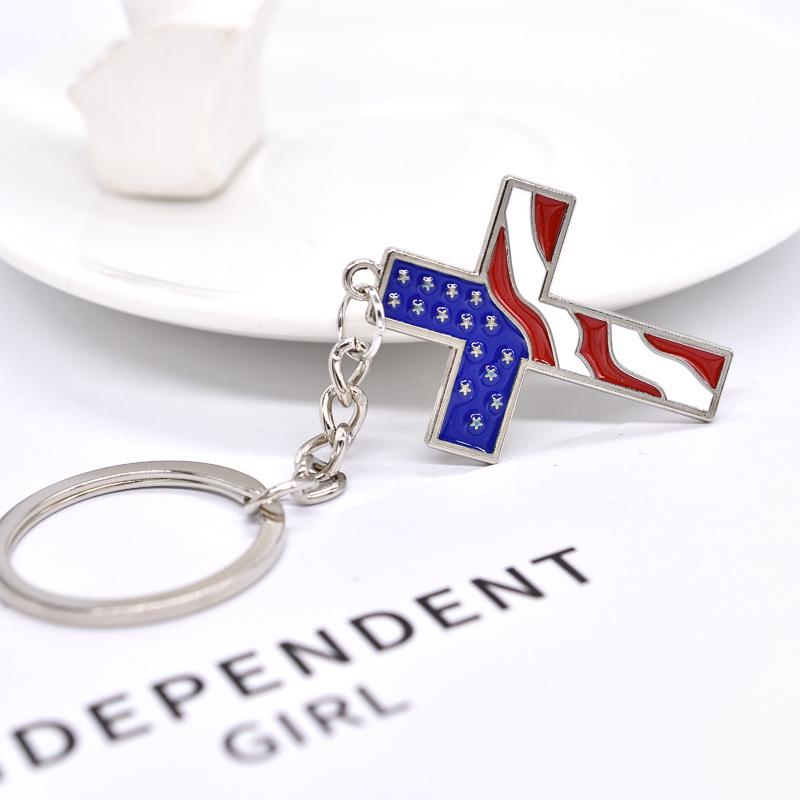 Stylish American Flag Cross Keychain with Blue, Red & White Enamel Design
