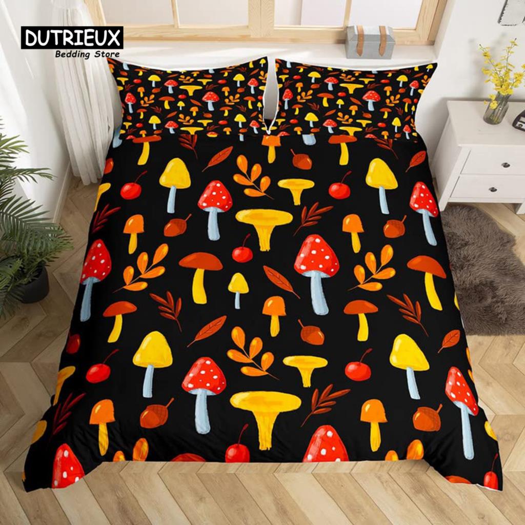 Cartoon Mushrooms Duvet Cover Kawaii Fungus Bedding Set Wild Mushroom Stuff Comforter Cover Twin King for Boys Girls Room Decor