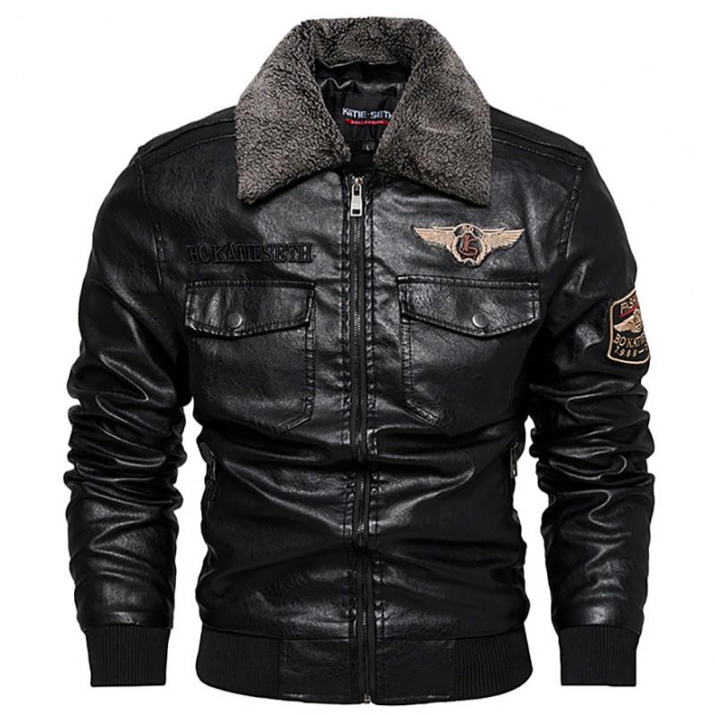 Mens Faux Leather Biker Jacket Winter Warm Lined Oversized Casual Coat With Zipper Pockets Embroidered Patch