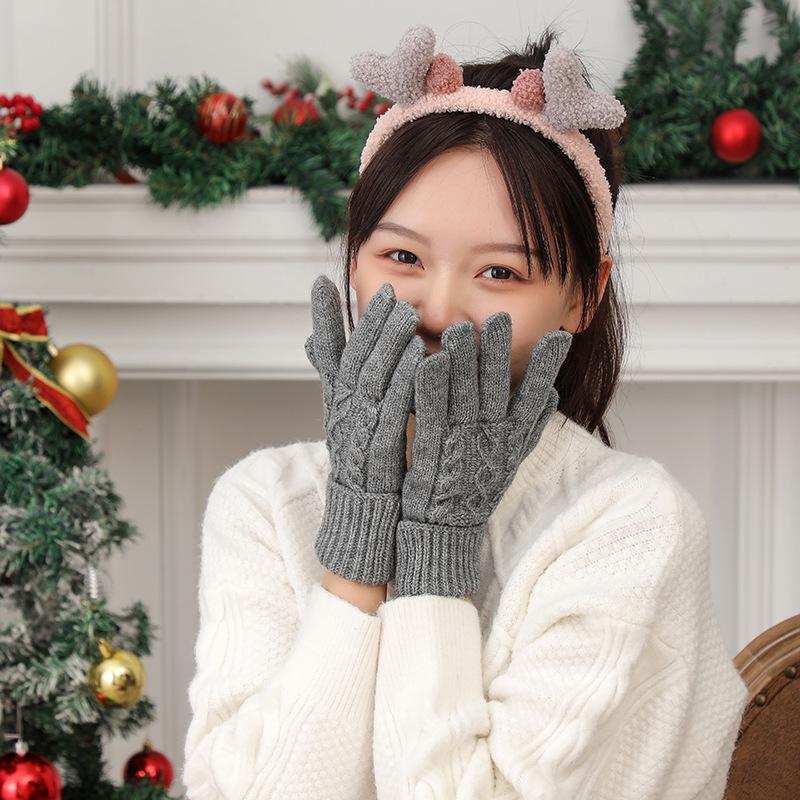Simple Style Fashion Plus Velvet Thicken Women Winter Keep Warm Touch Screen Pattern Knitted Wool Gloves Elasticity Soft Mittens