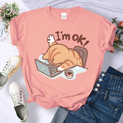 Summer 3D Printing Fun Cat I'M Ok Printed Tee Shirts Womens Comfortable Hip Hop T-Shirts Summer Casual T Shirt Crewneck Soft Female Clothes