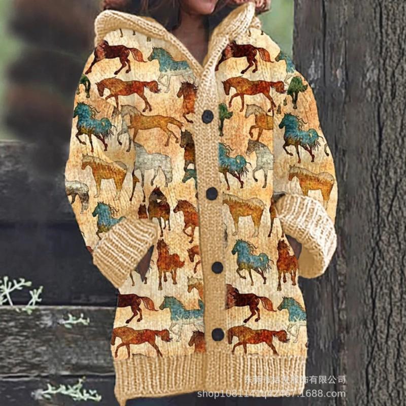 Womens Oversized Hooded Knit Cardigan With 3D Print Button Front Long Sleeve Casual Sweater
