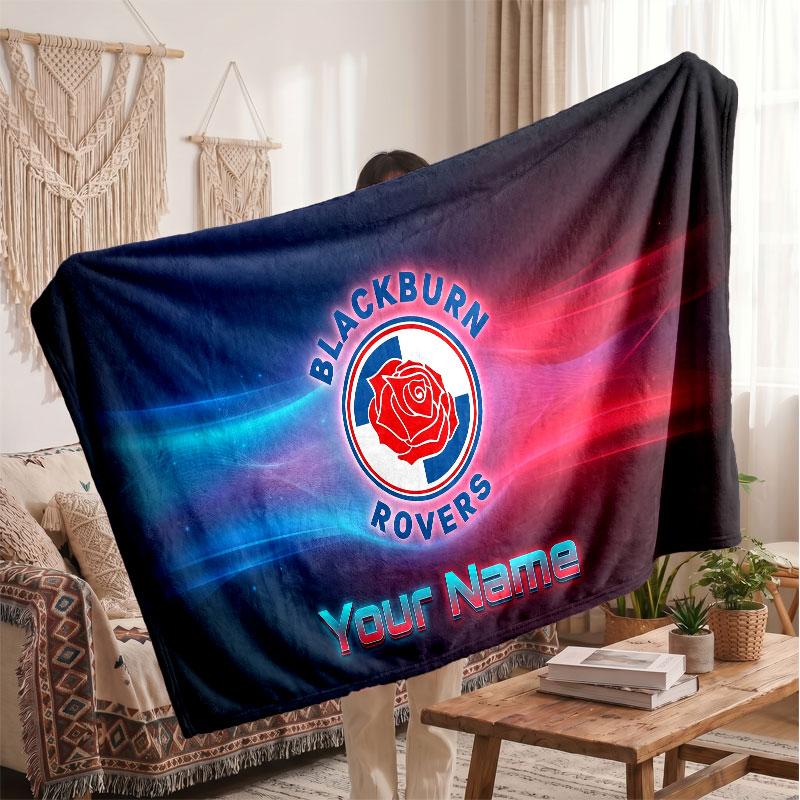 Blackburn Rovers FC Personalized Fleece Blanket With Football Logo, Custom Name Text Soft Warm Home Throw Blanket