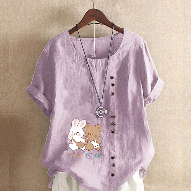 Women's New Fashion Linen Shirt Round Neck Short Sleeve Rabbit and Bear Printed T-shirt Summer Ladies Casual Plus Size Blouse Tops