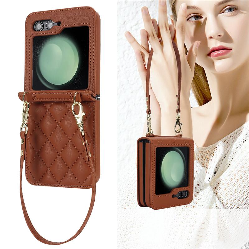 Kožené pouzdro na telefon Long Lanyard Crossbody pro Samsung Galzxy Z Flip 5 4 3 Flip5 Flip4 Flip3 Luxusní obal na lano na zápěstí Hoesje Coque