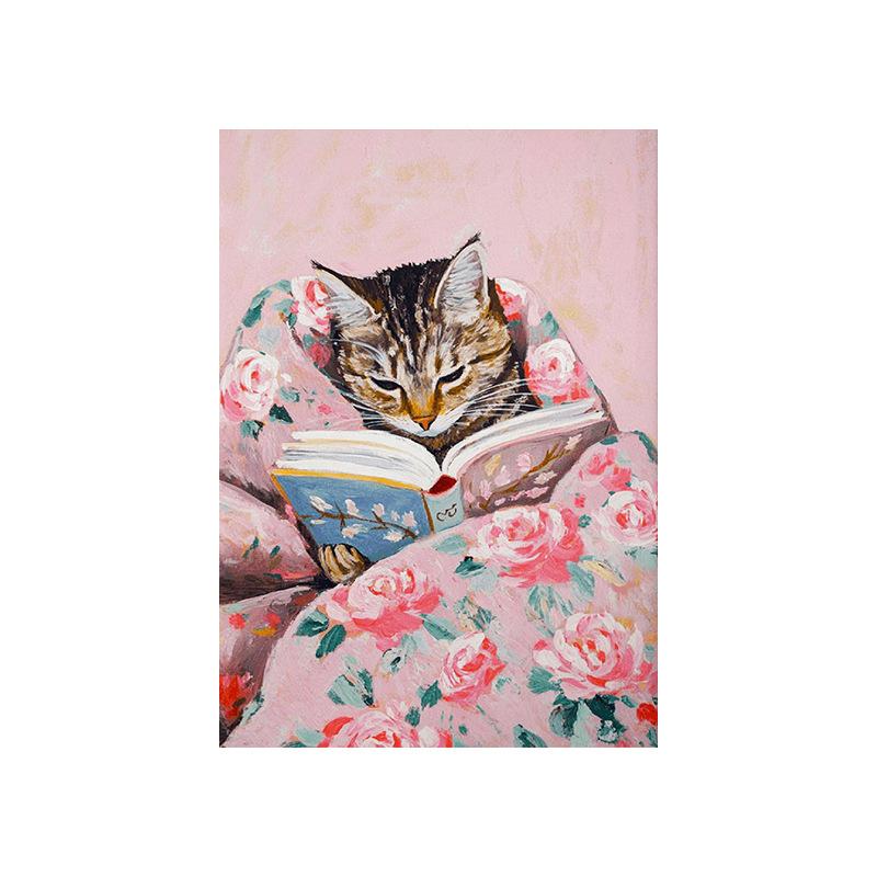 Funny Tabby Cat Reading Books Art Poster Vintage Cute Animals Wall Canvas Painting Book Lover Pet Gift Decoration Pictures Print