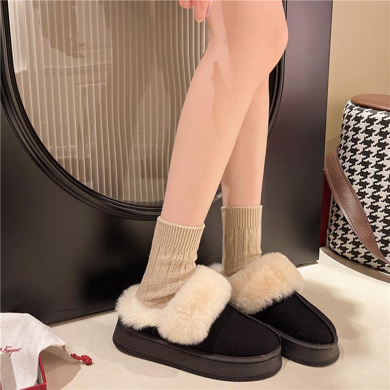 Thick-soled Outer Slippers 2024 Autumn and Winter New Korean Version Piled Thickened Cotton Slippers Round Head Fluffy Slippers Snow Boots