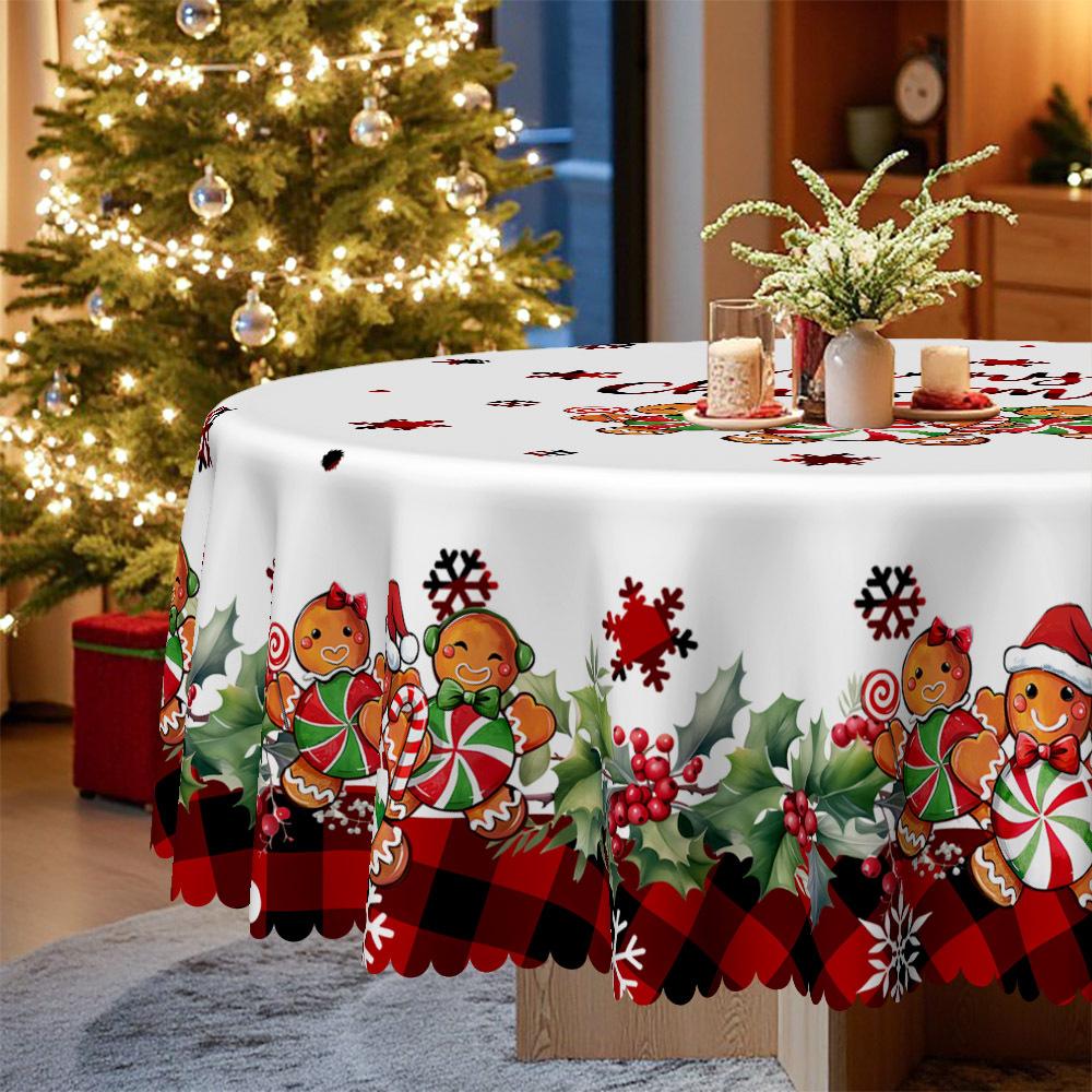 Christmas Table Cloth, Gingerbread Man Print, Snowflake Red And Black Check, Round Waterproof Round Table Cloth, Picnic Cloth