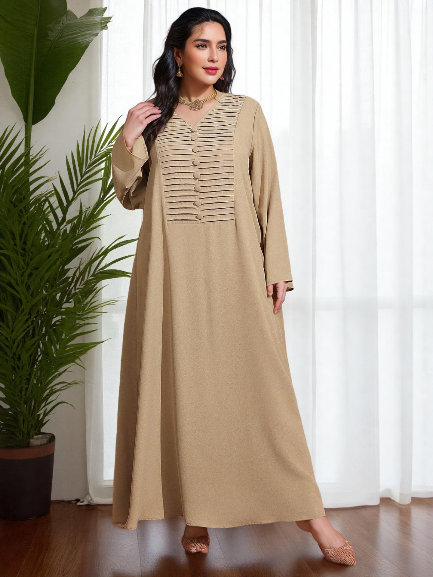 Elegant Plus Size Islamic Long Sleeve Dress with Striped Patchwork and Buckle Detail 3XL хаки