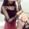 HOUZHOU Black Lace T-shirt Women Sexy Mesh Sheer Party Clubwear Chic Long Sleeve Print T-shirt