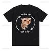Funny Cute Cat Print Graphic Wake Up Act Silly Meme T Shirt Humor Casual Loose Short Sleeve  T-shirt Streetwear  Tees