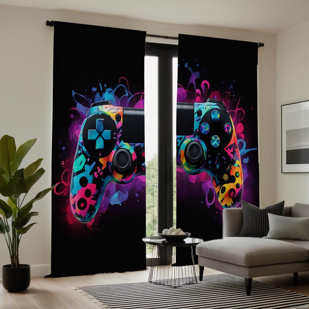 2 Pieces HD Digital Black Colorful Gamer Curtains Home Decorating Style Decorating Living Room Bedroom Rodding Curtains Effect S