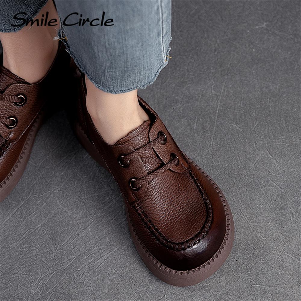 Damen-Schuhe aus Naturleder, klobige, flache Schuhe, zum Schnüren, modische Freizeitschuhe, niedrige Oberseite, runder Kopf, Damen-Arbeitsschuhe