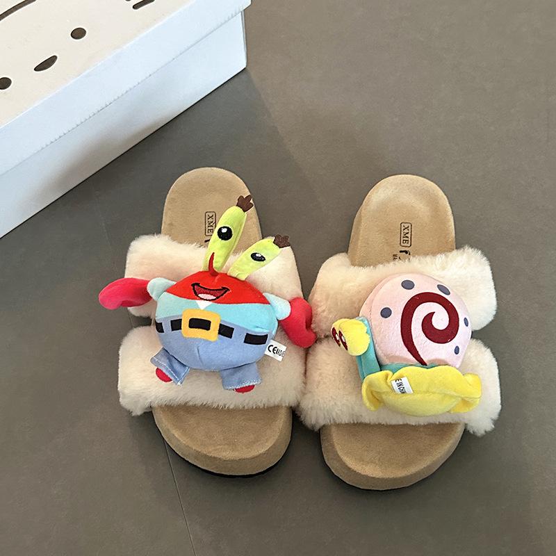 Piaohong cartoon animation crab boss snail fluffy slippers women 2025 autumn and winter new non-slip heightening cotton slippers