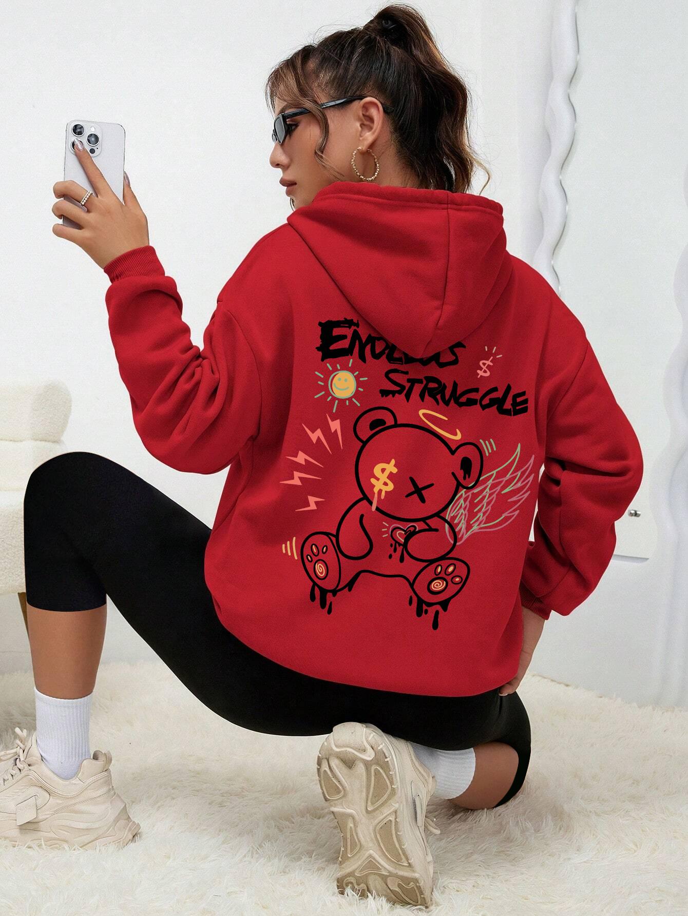 

Graffiti Little Bear With Wings Print Hoodies Women Autumn Casual Hoodie Street Fashion Hoody Autumn Warm Fleece Pullover Female S