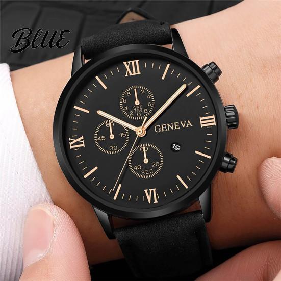 Men Wrist Watch Calendar Faux Pointer Display Dial Precise Quartz Round Shockproof Scratch-resistant Leather Strap
