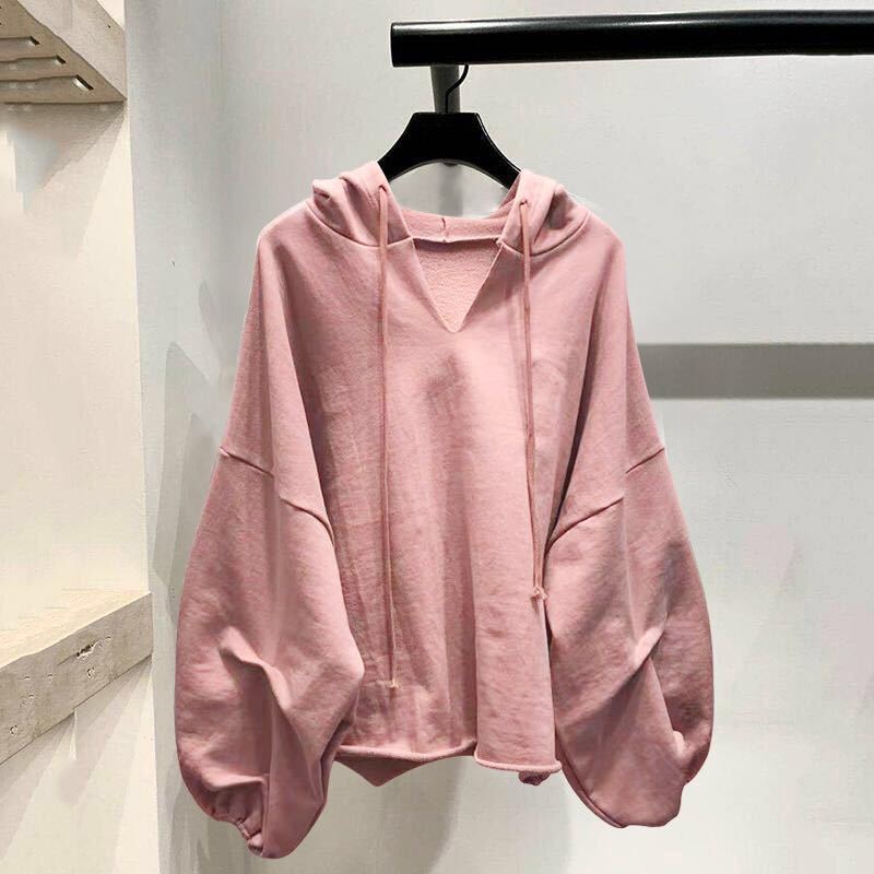 Women's Fashion Casual Solid Color V-Neck Hooded  Loose Long Sleeve Sweatshirt